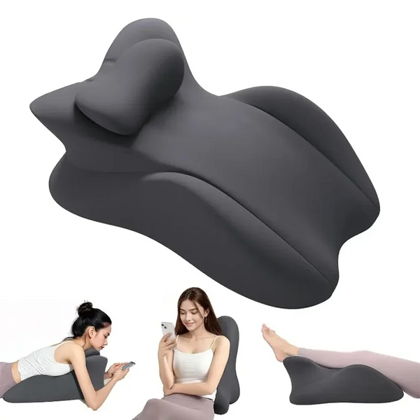 A dark gray ergonomic memory foam wedge pillow shown in various usage contexts.
