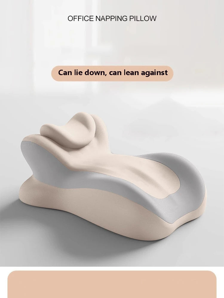 A beige ergonomic memory foam wedge pillow shown in a side view, designed for neck, back, and leg support.
