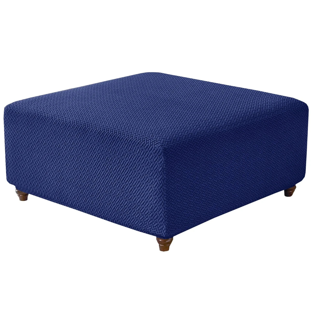 A navy blue stretch jacquard ottoman and stool cover with a textured weave.