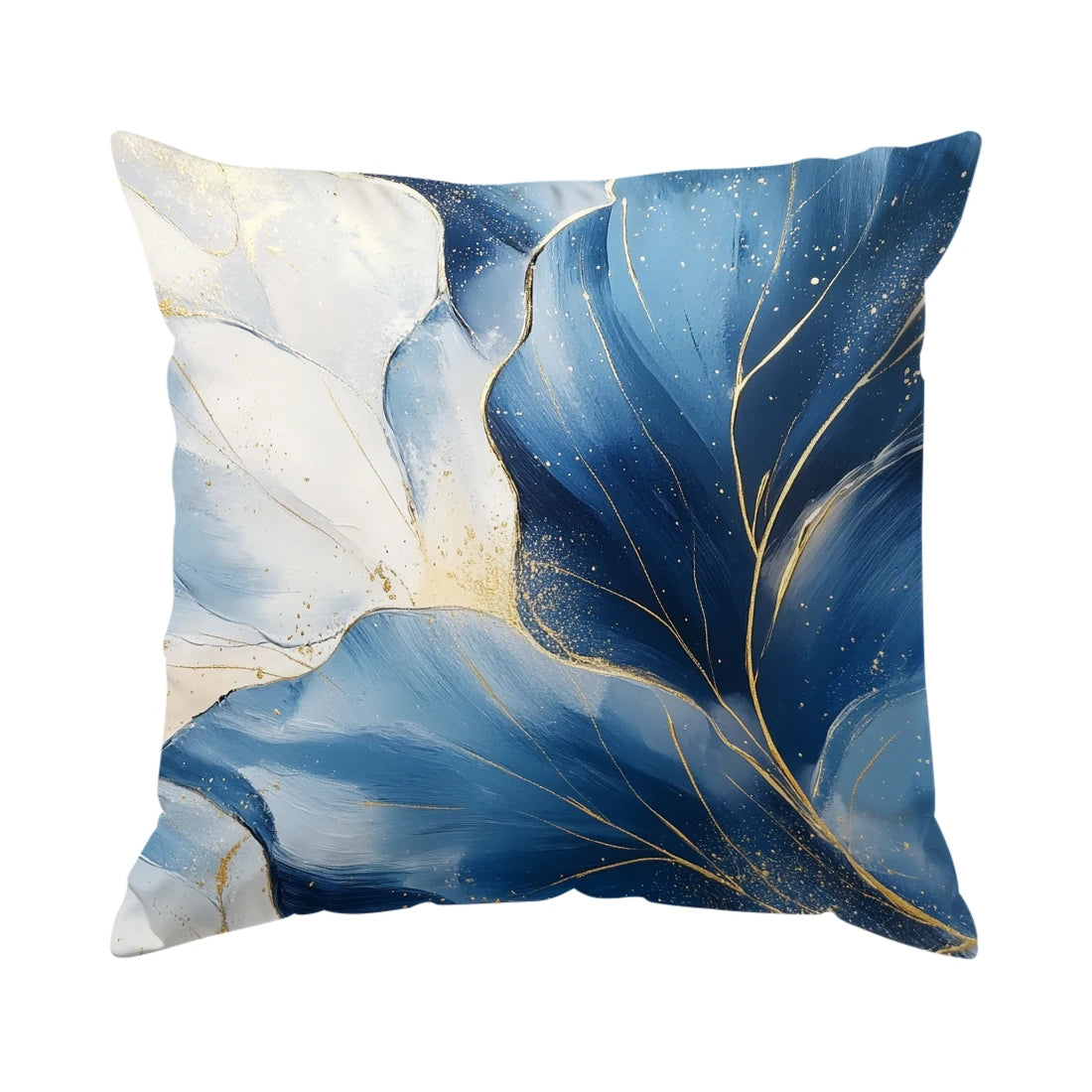 Abstract leaf cushion pillow covers featuring blue and white watercolor designs with gold accents