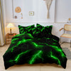 Black duvet cover set featuring a vibrant green lightning and thunder print.