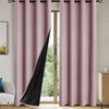 Pair of floor-length mauve curtains with a black panel hanging in a window frame.