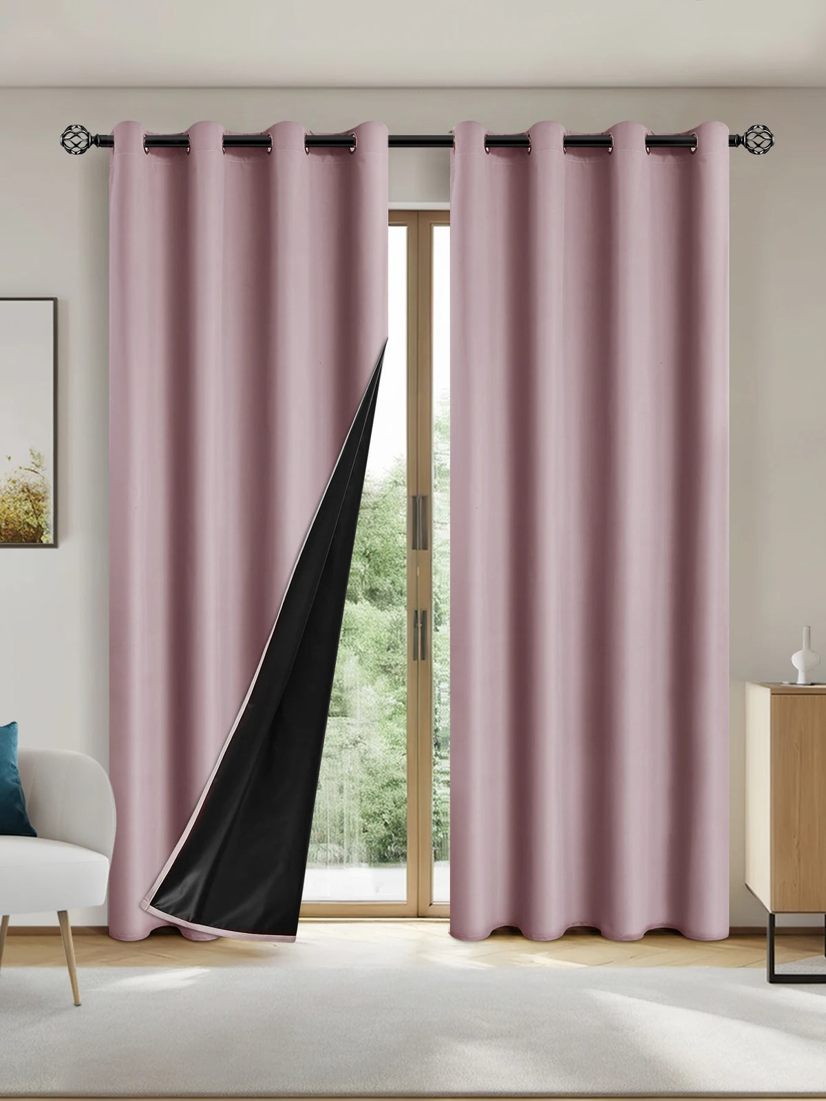 Pair of floor-length mauve curtains with a black panel hanging in a window frame.