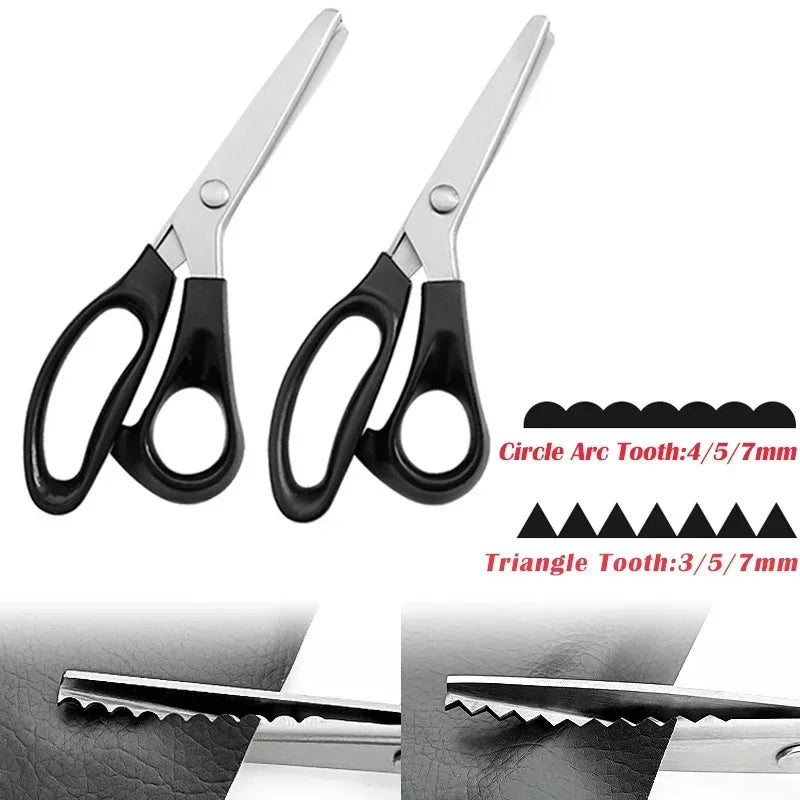Pair of stainless steel zig zag tailor sewing scissors with circle and triangle teeth