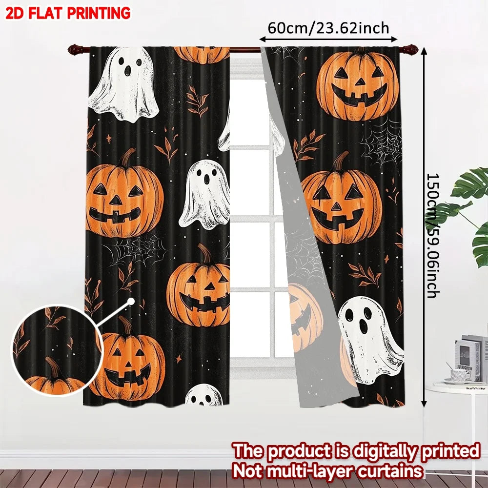 Two black curtain panels featuring orange Halloween pumpkins and white ghosts printed on a dark fabric.