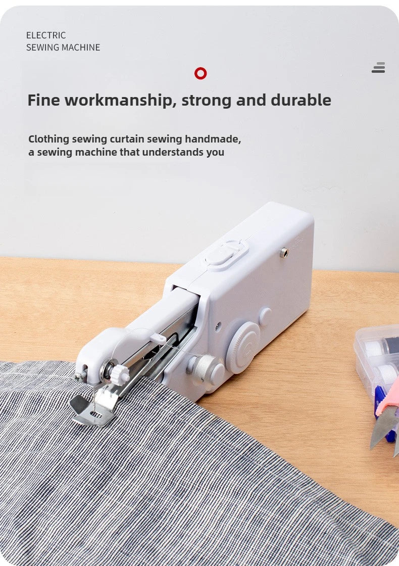 A white portable mini hand sewing machine is shown sewing a striped fabric on a wooden surface.