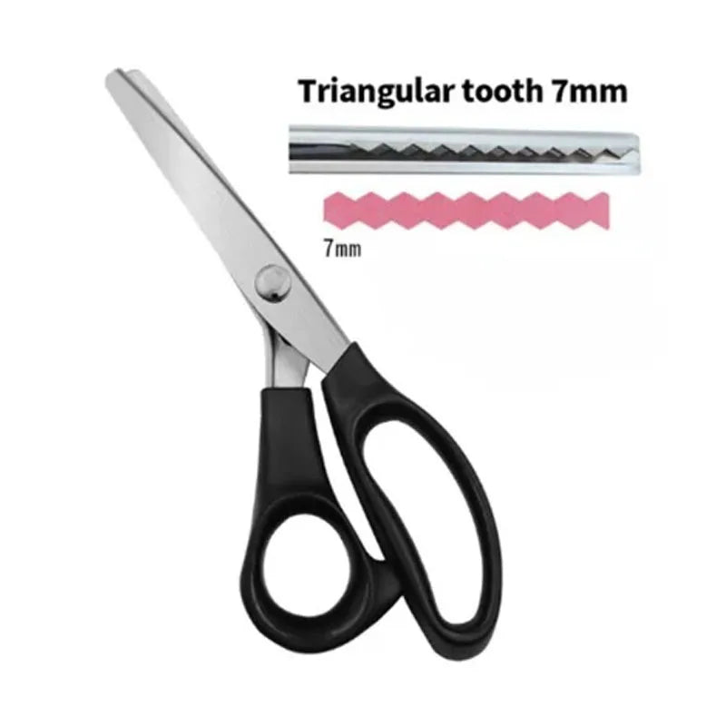 Stainless steel zig zag lace sewing scissors with a 7mm triangular tooth.