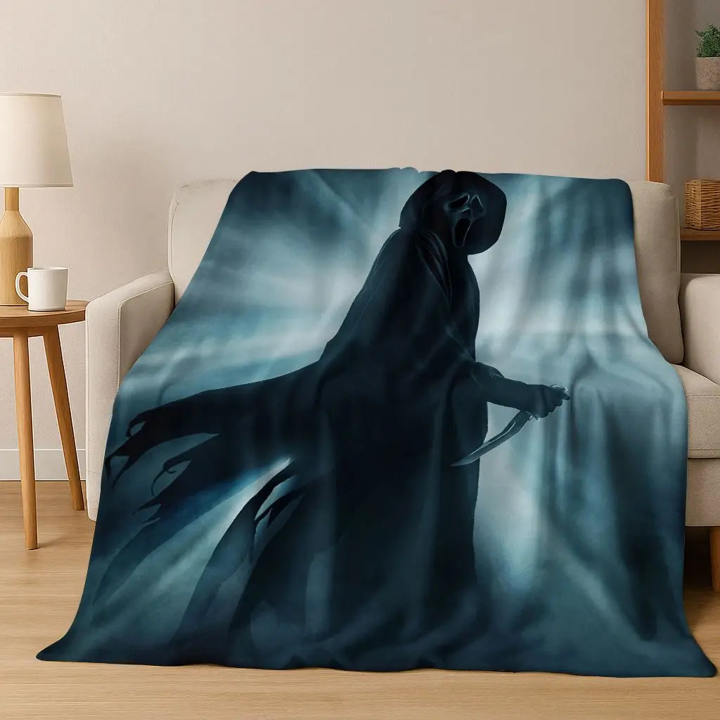 A dark silhouette of a horror character standing against a blue, misty background on a blanket.