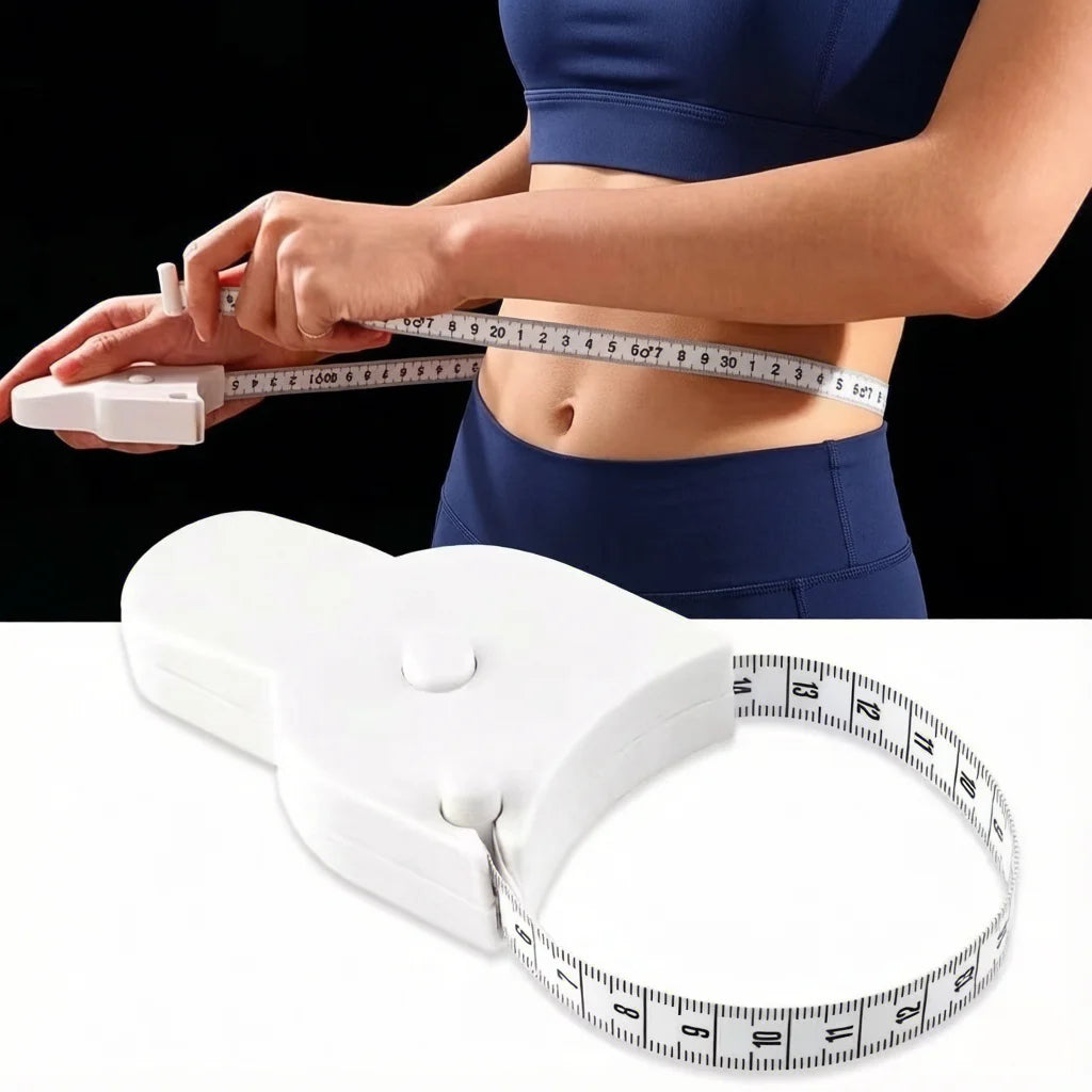 A white telescopic body measuring tape is shown being used on a person's midsection.