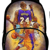 A graphic print on a black backpack featuring a painting of a basketball player in a purple jersey.