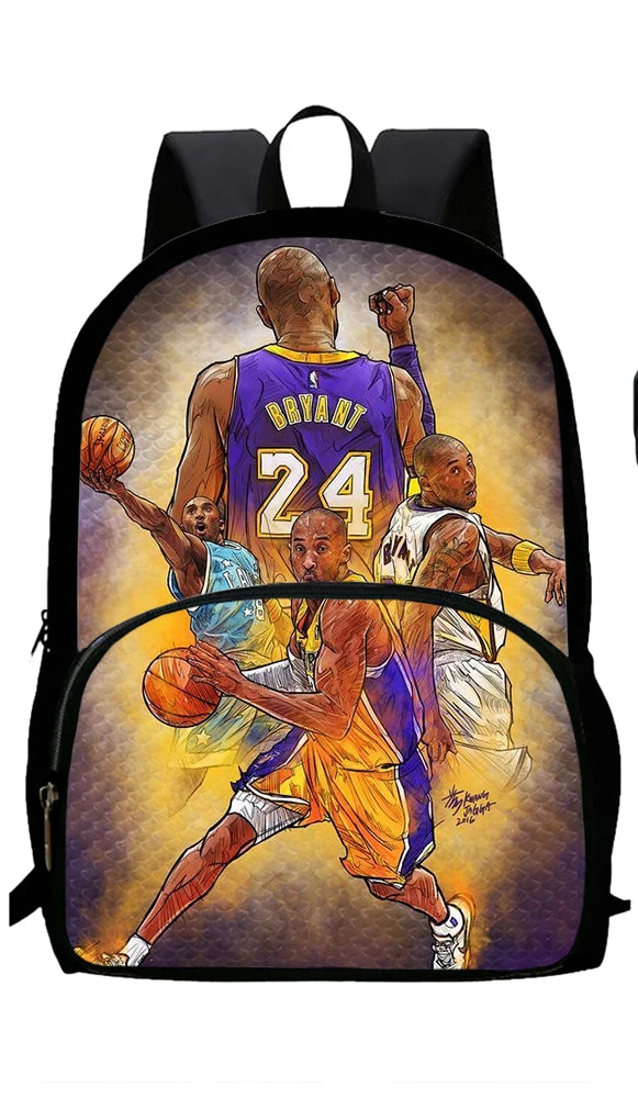 A graphic print on a black backpack featuring a painting of a basketball player in a purple jersey.