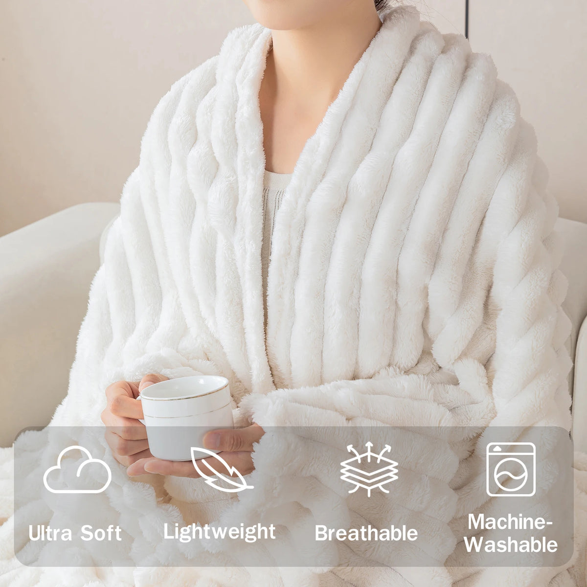A person is wrapped in a thick white fluffy blanket, showcasing its ultra soft, lightweight, breathable, and machine-washable