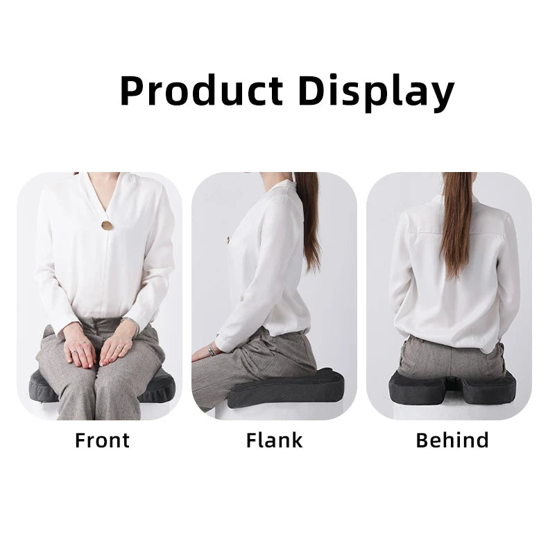 Product display showing the ergonomic U-shaped massage seat cushion from front, flank, and behind angles.