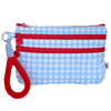 A blue and white checkered waterproof passport holder with a red zipper and a red loop.