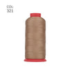 A spool of beige heavy duty nylon sewing thread with a red cap.