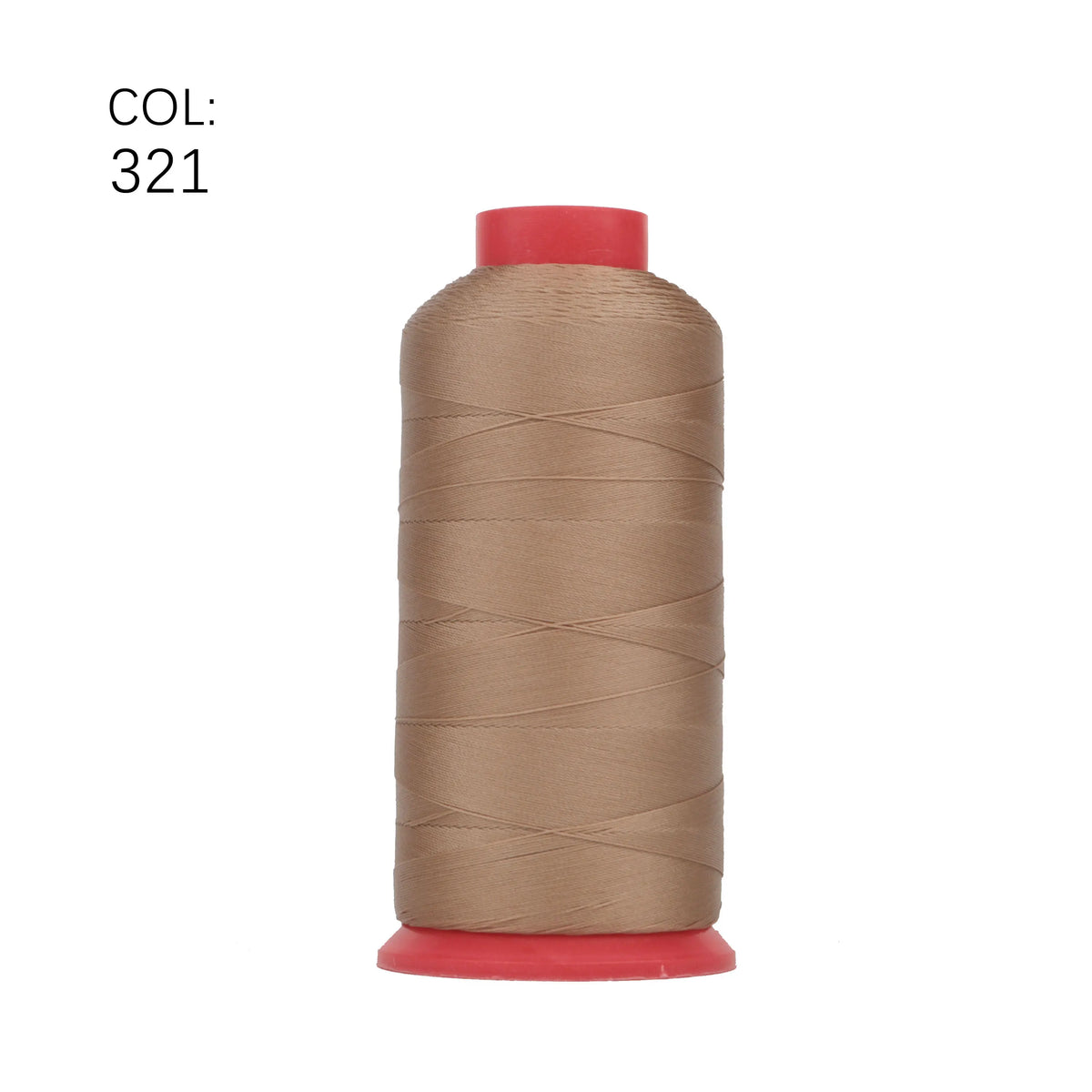 A spool of beige heavy duty nylon sewing thread with a red cap.