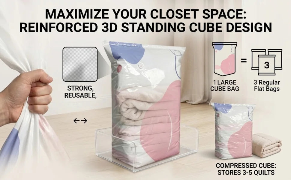 Reinforced 3D standing cube bags for storing quilts and bedding.