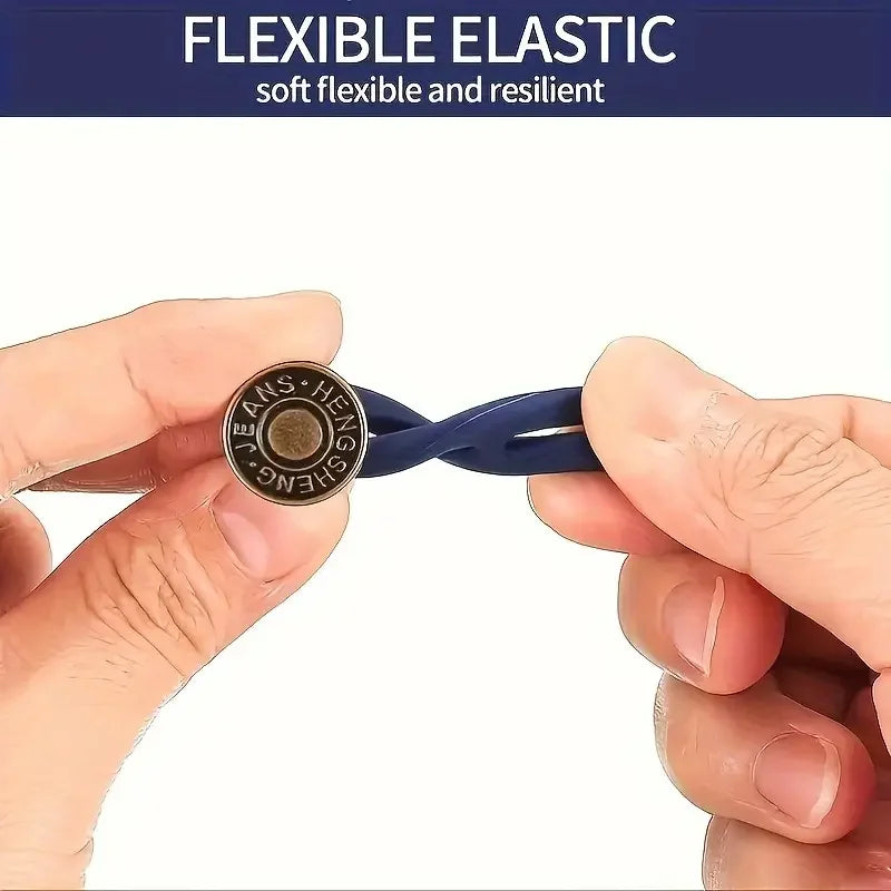 A hand is stretching a blue elastic extender on a button, demonstrating its flexible and resilient nature.