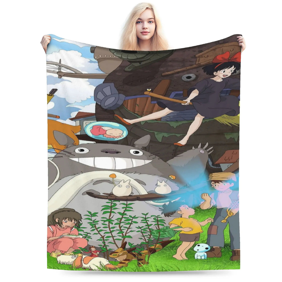 A watercolor illustration featuring the Totoro character and other Studio Ghibli characters on a blanket.