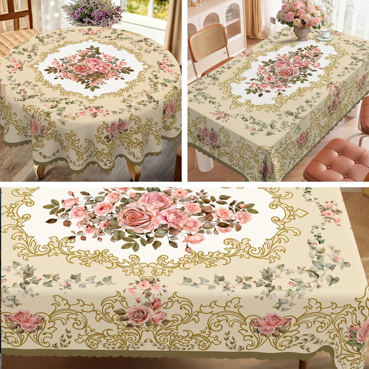 Elegant floral tablecloth featuring pink roses and green foliage with embossed decorative edges.
