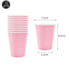 Ten pink plastic cups with white lids and straws, measuring 7.5cm in height.