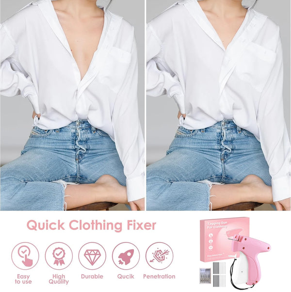 Handheld micro stitching gun for clothing and quilting shown with a white shirt and denim jeans.