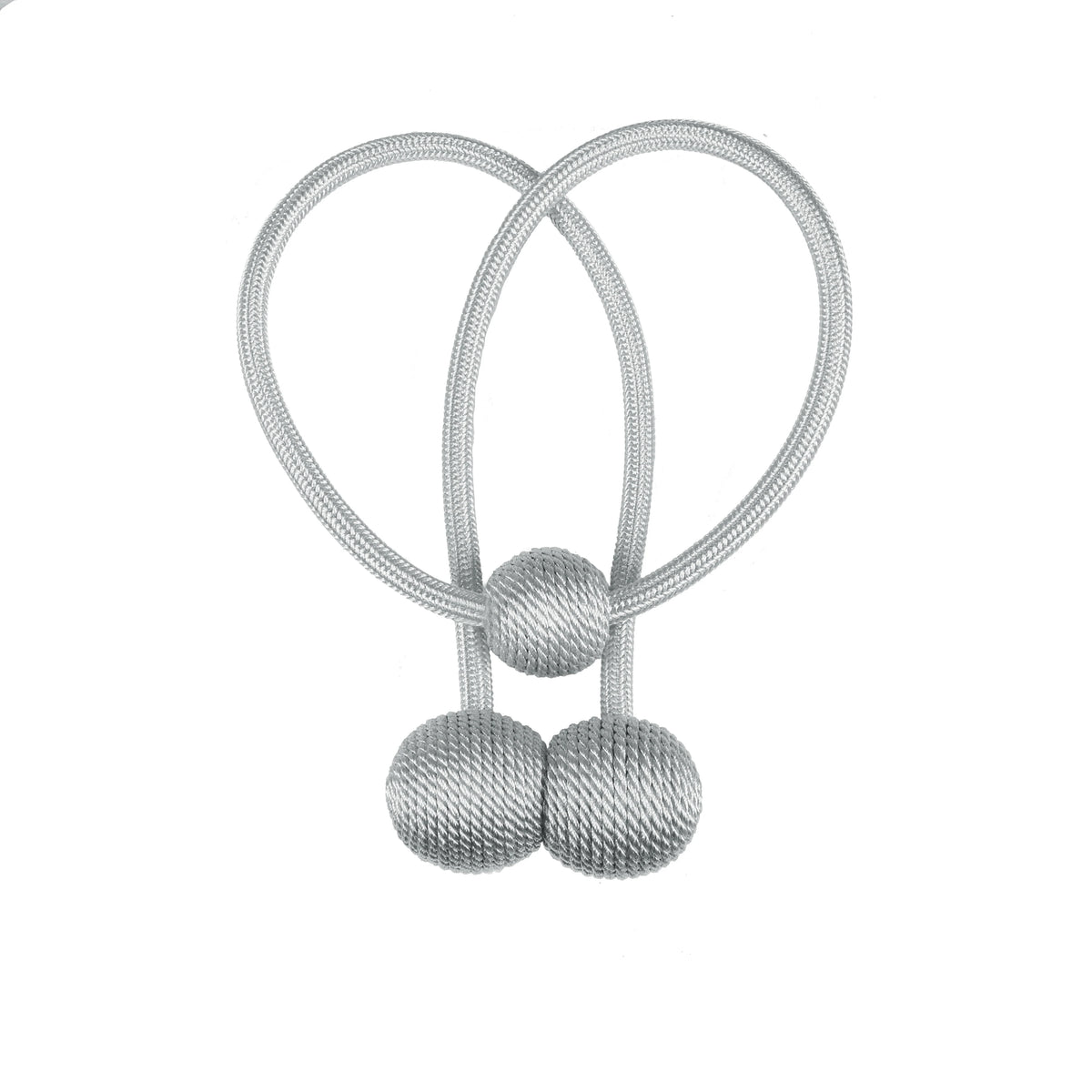 Silver magnetic curtain tiebacks with looped cords and small spherical beads