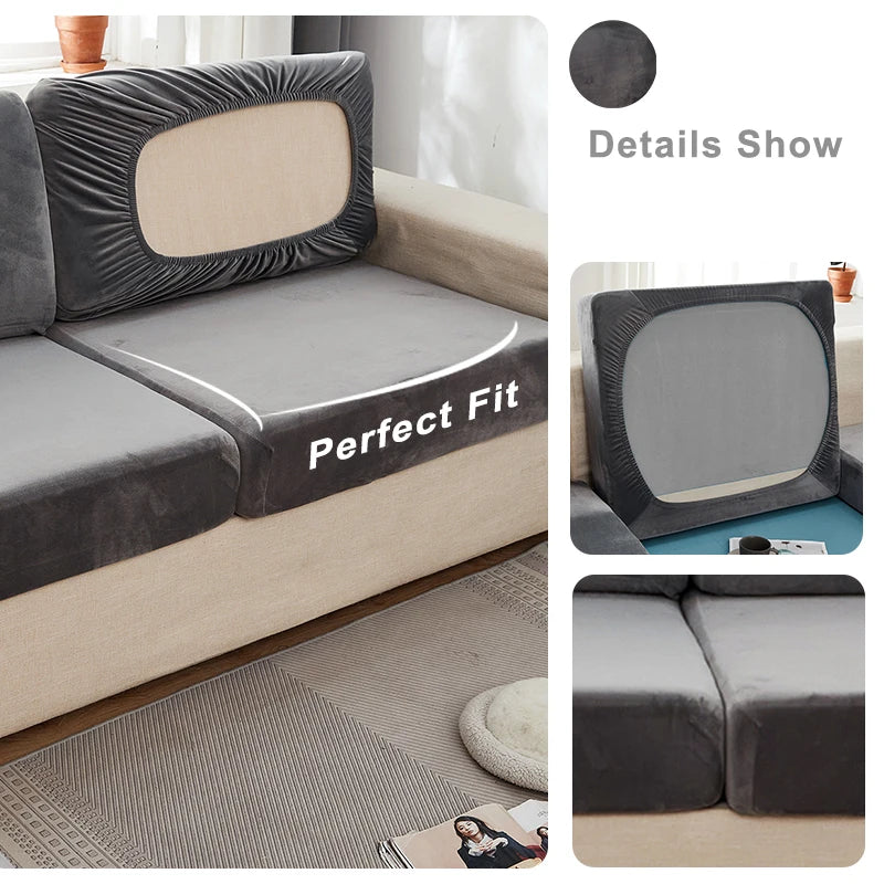 Close-up view of a dark gray velvet sofa seat cover with a padded back and 'Perfect Fit' label.