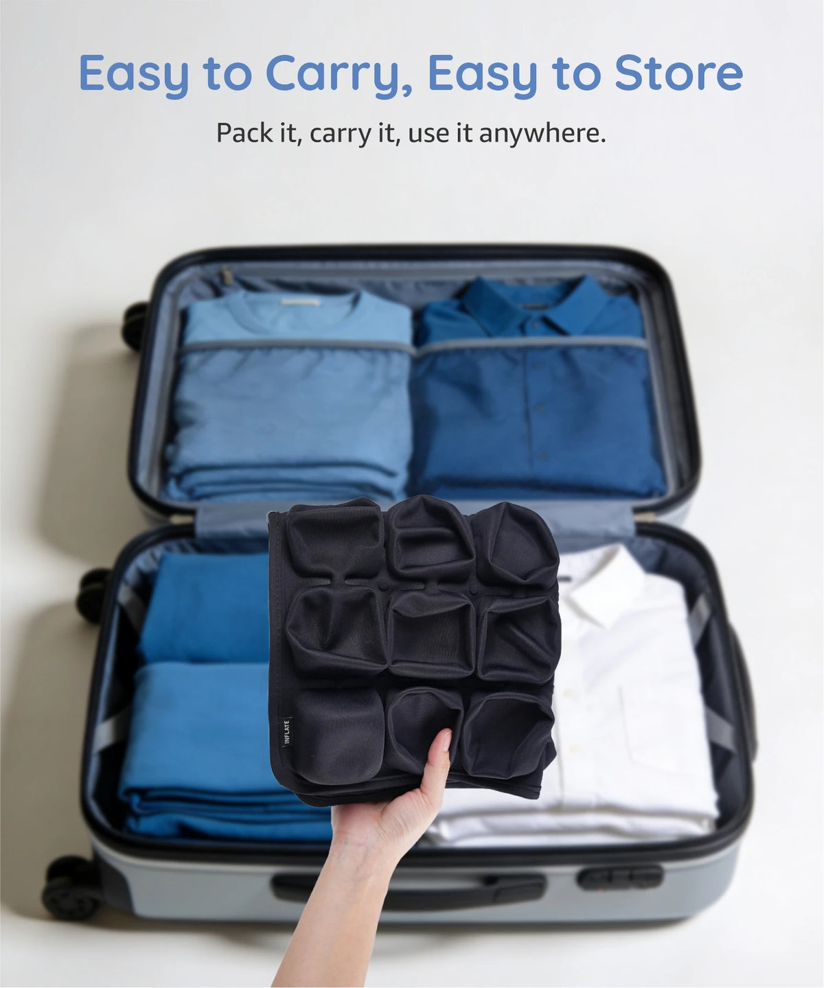 A hand is holding a black seat cushion inside a gray storage box, demonstrating its portability.