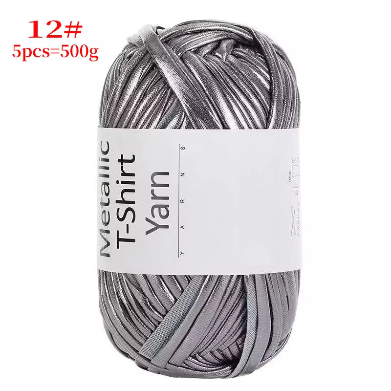 A ball of metallic silver T-shirt yarn, 12 skeins, sold in a 500g pack for crochet and DIY crafts.