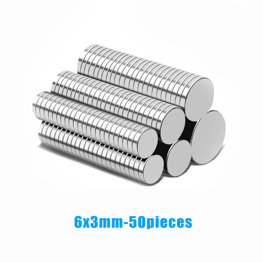 50 pieces of 6x3mm silver magnetic fridge magnets stacked together