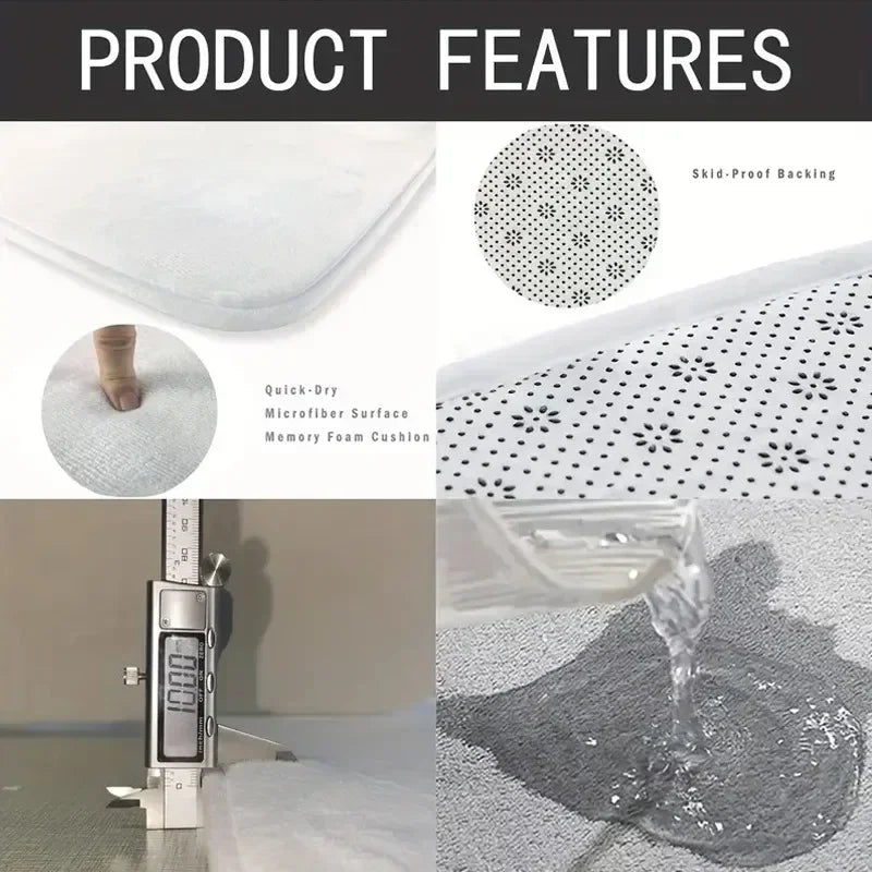 Close-up view of a white entrance mat showing features like skid-proof backing and quick-dry microfiber surface.