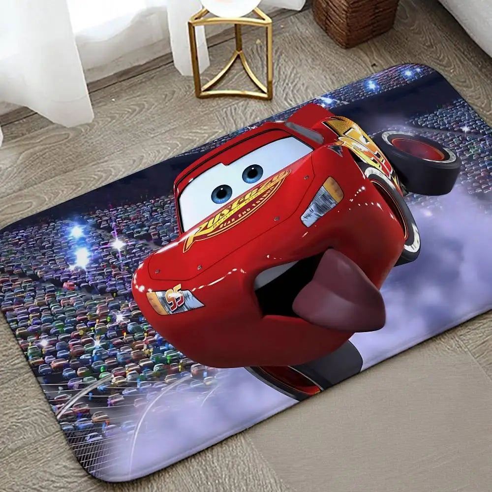 A red cartoon vehicle mat featuring a Pixar-style character on a sports stadium background.