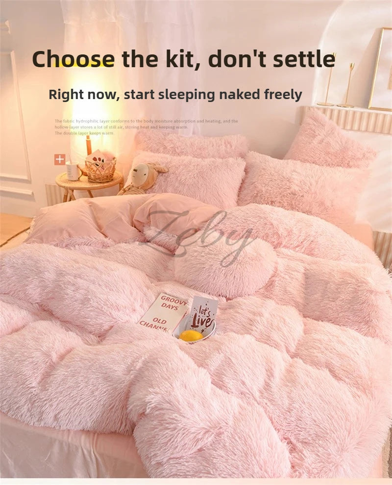 A pink plush mink velvet duvet set is displayed on a bed, emphasizing cozy textures for sleeping.