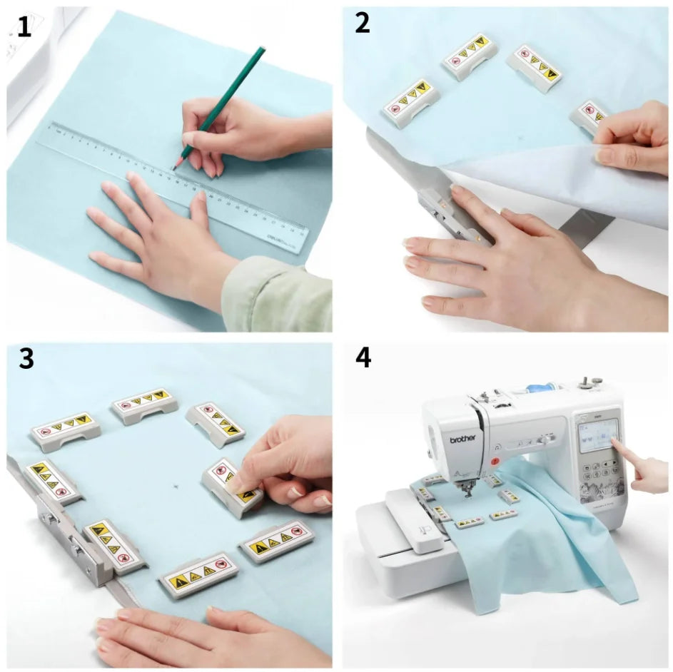 Hands are shown using a magnetic embroidery hoop with a sewing machine for fabric work.