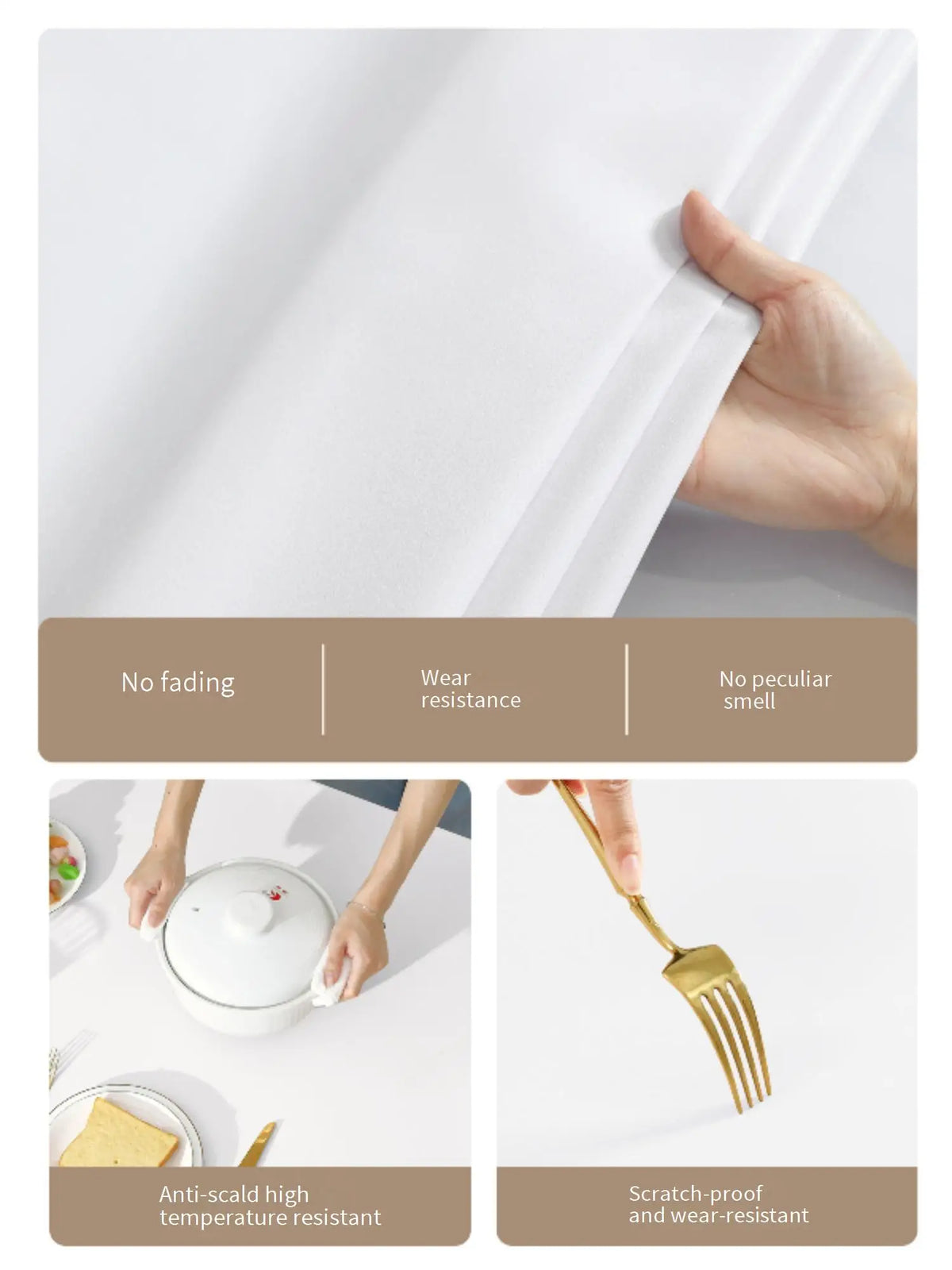A white waterproof marble table cloth is shown with features like no fading, wear resistance, and scratch-proof properties.