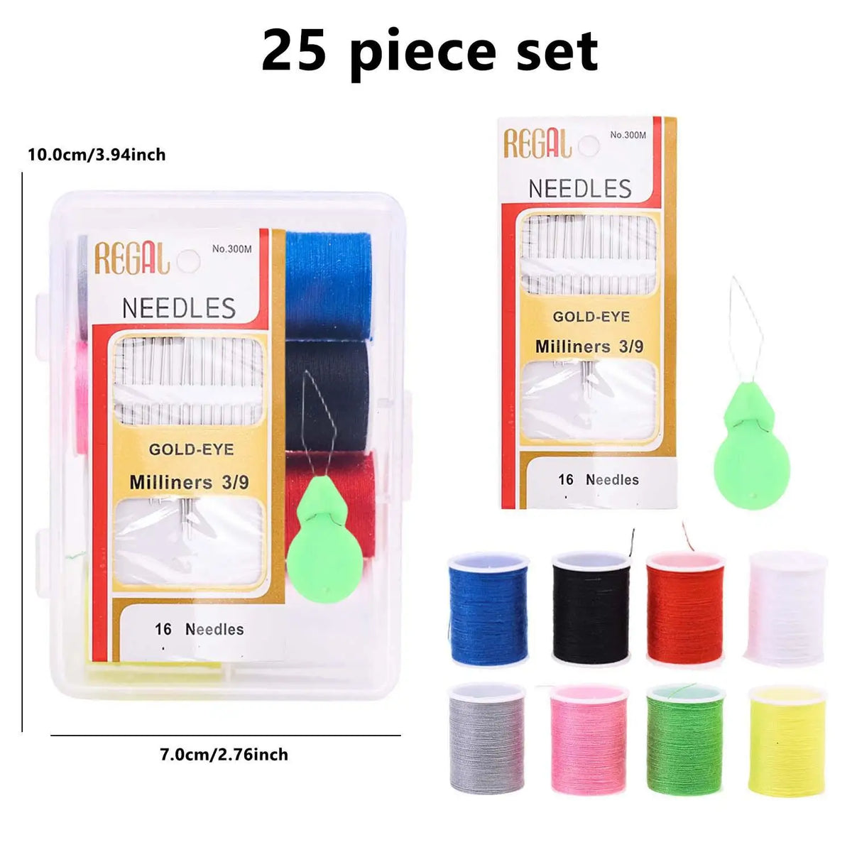 A 25 piece set of sewing needles and gold-eye milliners in various colors and sizes.