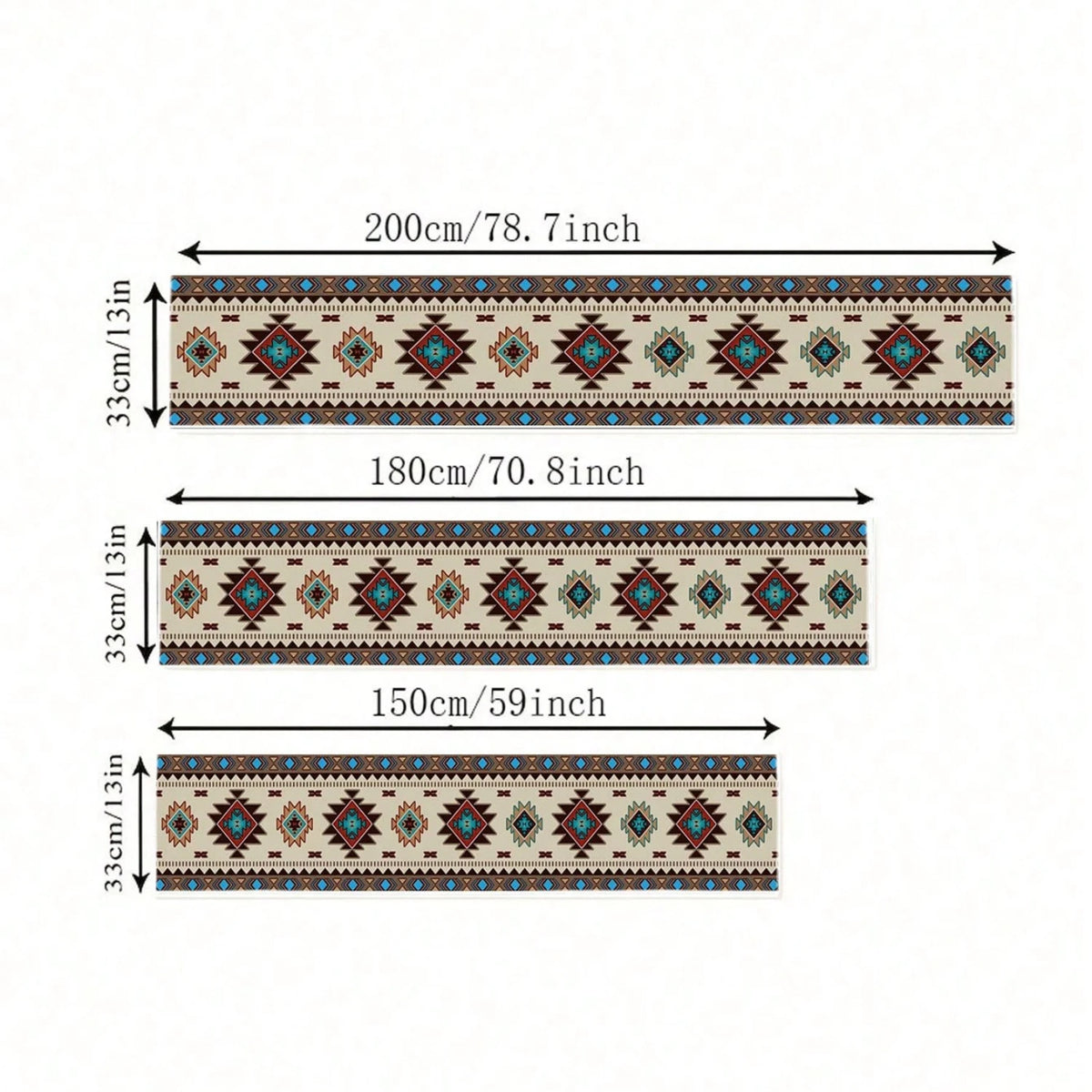 A rectangular linen table runner featuring an Indian-inspired geometric print in earthy tones.