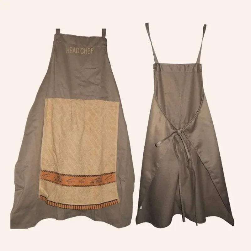 A sleeveless olive green apron with a large rectangular pocket featuring an orange trim.