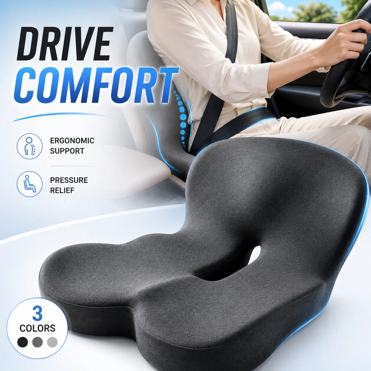 A gray ergonomic memory foam car seat cushion is shown with text highlighting drive comfort features.