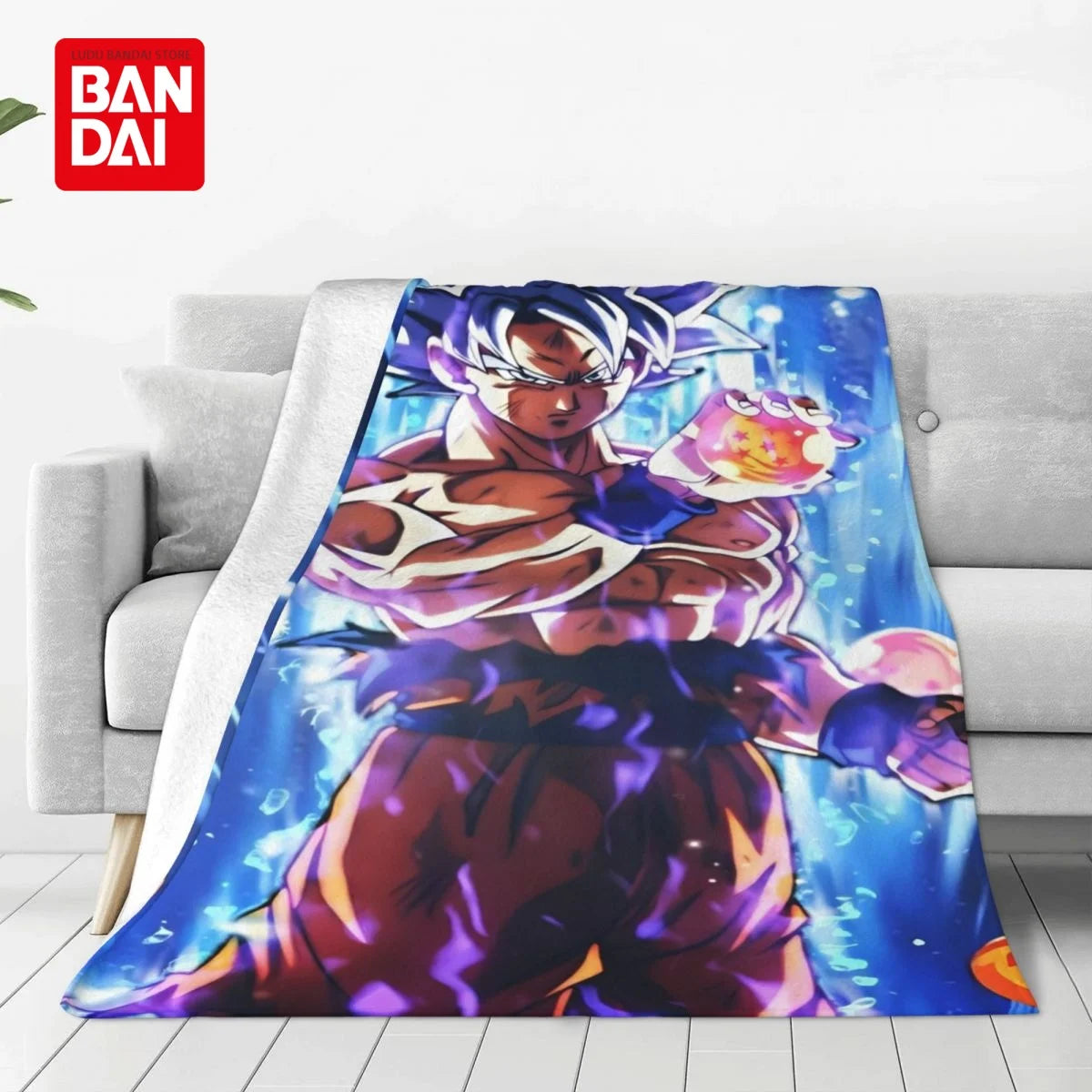 Anime character flannel throw blanket featuring a male character in a dynamic pose with blue and purple lighting.