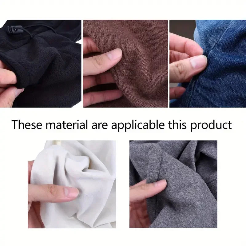 Close-up shots showing various materials that the heavy duty double-sided iron-on hem tape is applicable to.