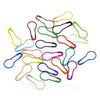 A collection of various gourd-shaped locking safety pins in different colors and shapes.