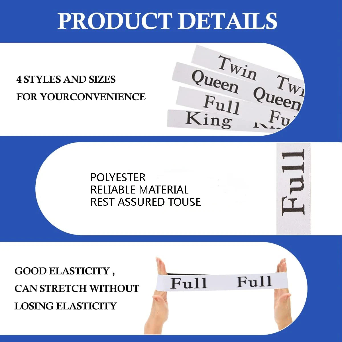 Product details showing four styles and sizes of elastic bed sheet organizer straps with labels like Twin, Queen, and Full