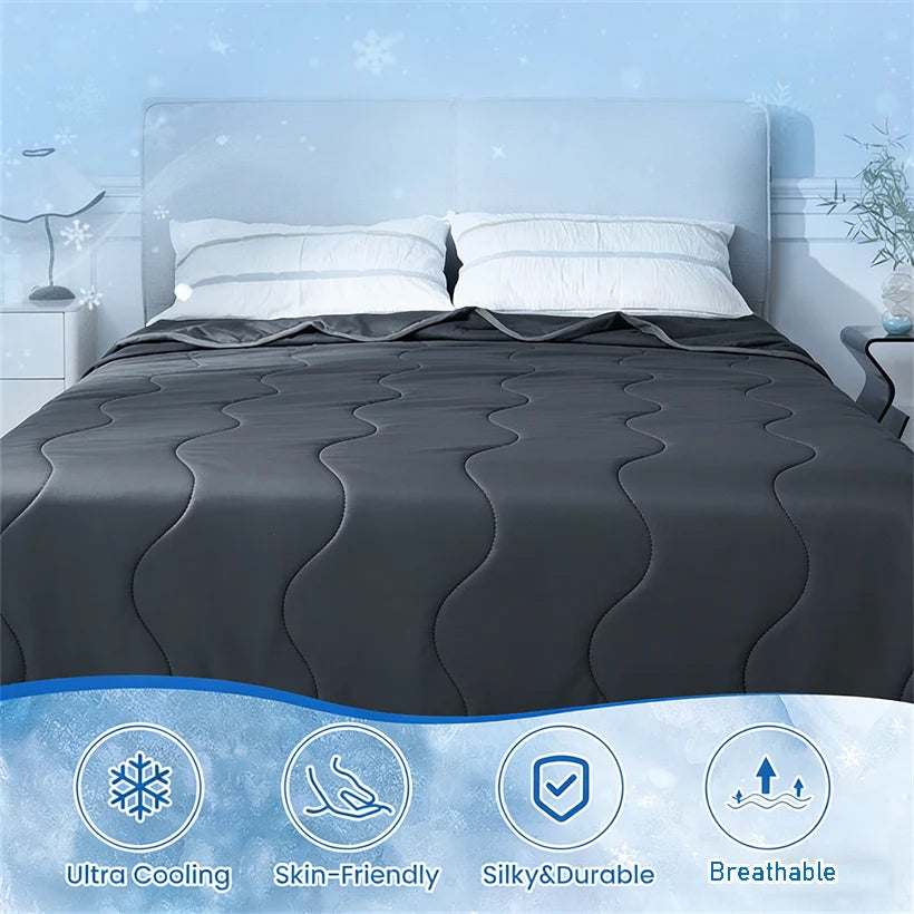 A dark gray cooling fiber blanket is displayed on a bed, highlighting features like ultra cooling, skin-friendly, silky and d