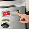 A hand is pressing a dirty indicator switch on a dishwasher panel to show the dirty status.