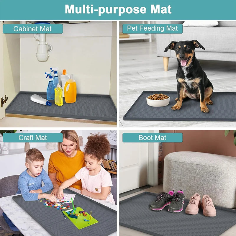 A collection of multi-purpose mats including a cabinet mat, pet feeding mat, craft mat, and boot mat.