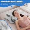 A woman is sleeping on a pillow featuring a flexible and highly elastic fabric cover.