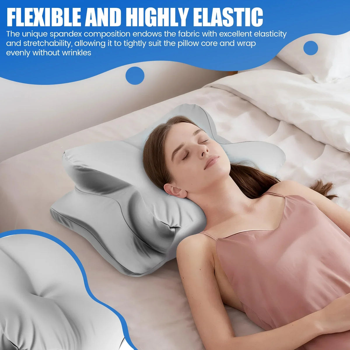 A woman is sleeping on a pillow featuring a flexible and highly elastic fabric cover.