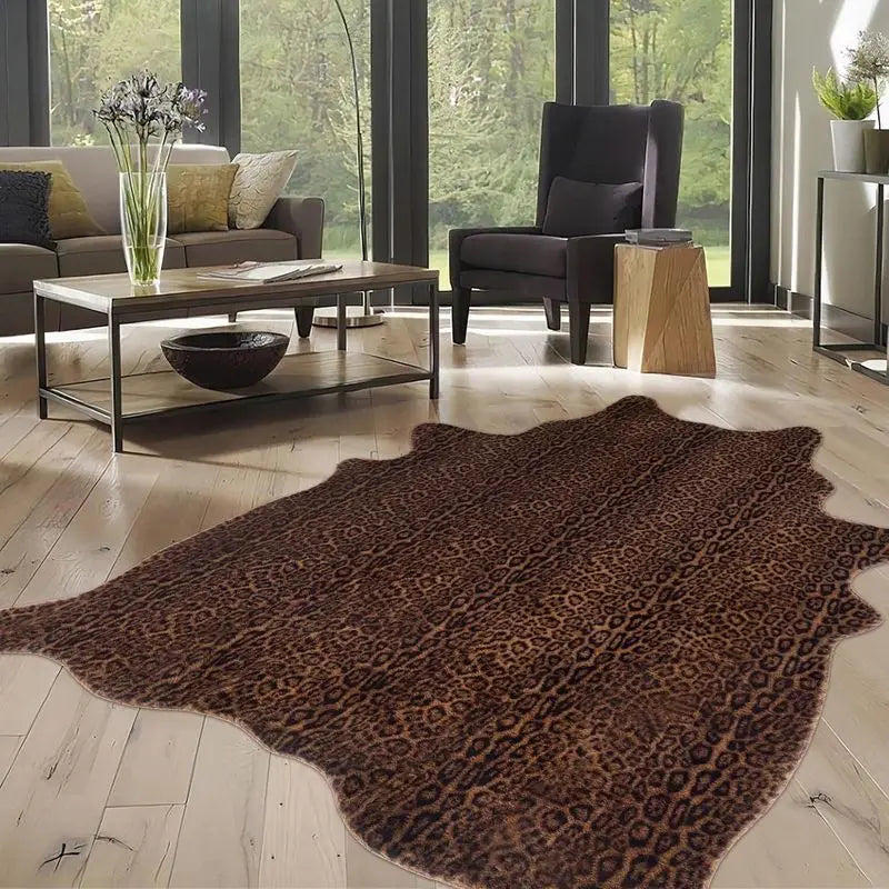 A dark brown leopard print faux animal skin rug placed on a light wood floor in a modern living room.